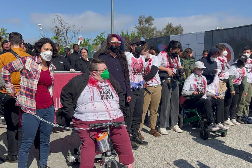 A group of protesters blocked the entrance to Google I/O, the company's annual developer conference in Mountain View.