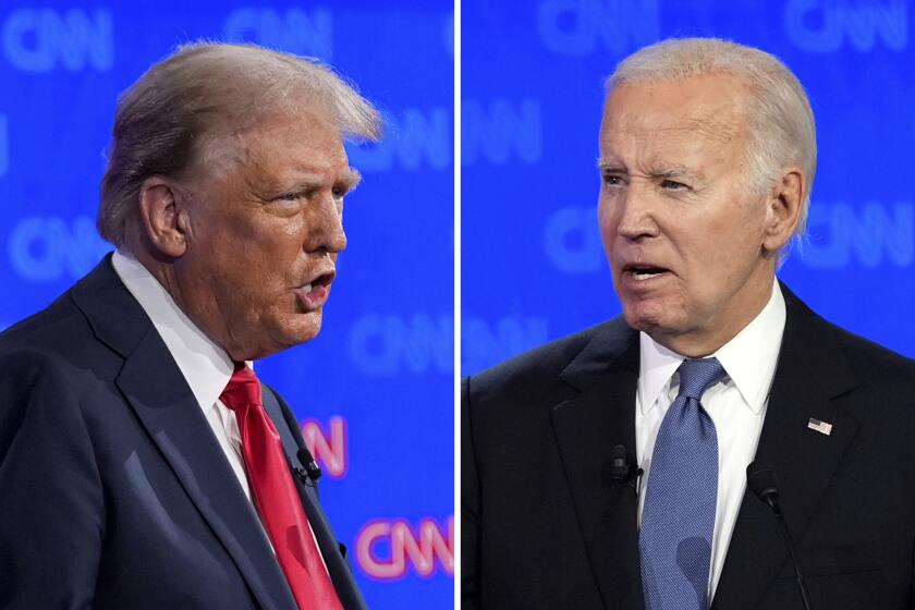 This combination of photos shows Republican presidential candidate former President Donald Trump, left, and President Joe Biden during a presidential debate hosted by CNN, Thursday, June 27, 2024, in Atlanta. (AP Photo/Gerald Herbert)