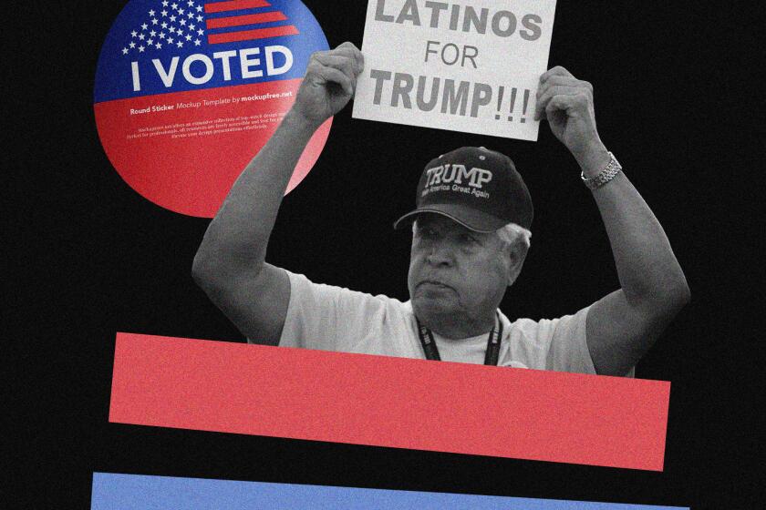 Collage of a man holding a sign that says "Latinos for Trump!!!" and I voted sticker 