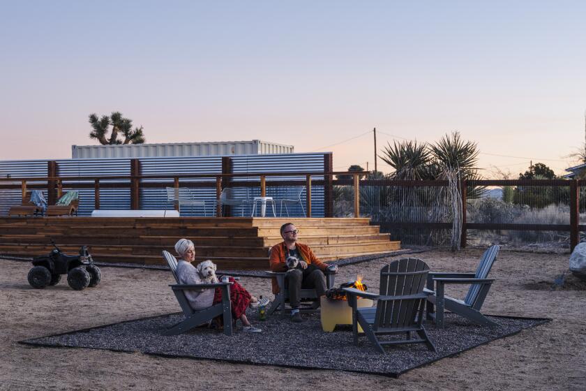 A woman, man and their dogs sit by a fire pit in the desert 