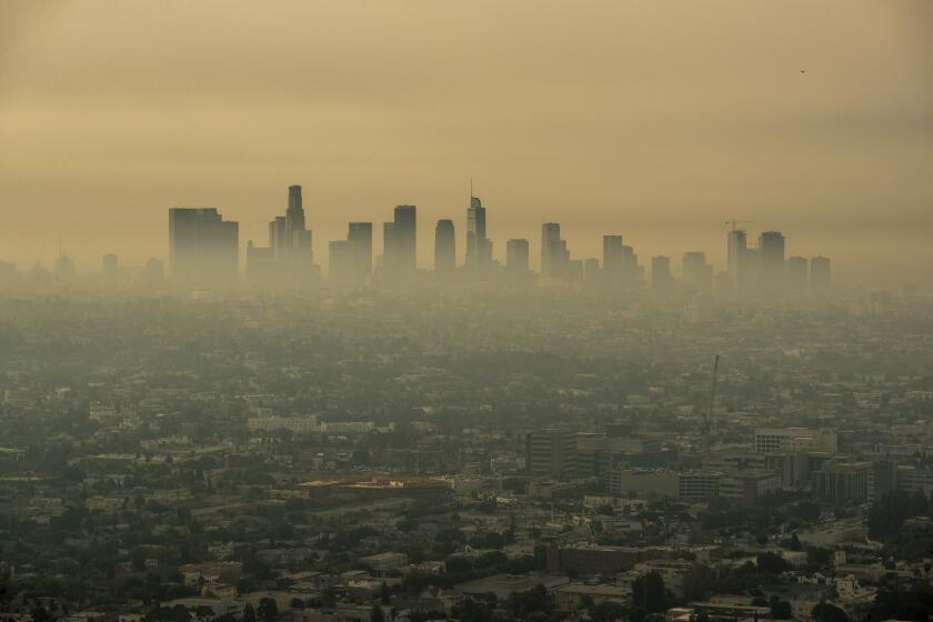 LOS ANGELES, CA - SEPTEMBER 17: Smoke from Southern California wildfires drifts through the L.A. Basin, obscuring downtown skyscrapers in a view from a closed Griffith Observatory on Thursday, Sept. 17, 2020 in Los Angeles, CA. (Brian van der Brug / Los Angeles Times)